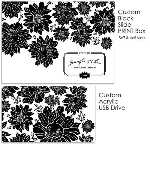 Sunflowers 5x7 and 4x6 Black Slide Print Box, Acrylic USB and Custom Prints